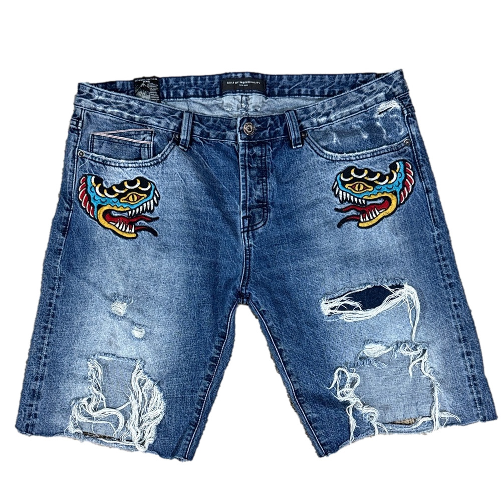 Cult of Individuality Blue Jean Rebel Shorts with Dragon Design SKU0955